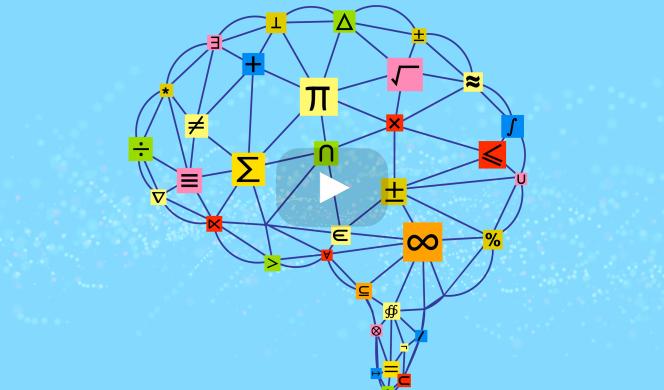 An illustration of various scattered mathematical symbols connected by purple lines to form the shape of a human brain.