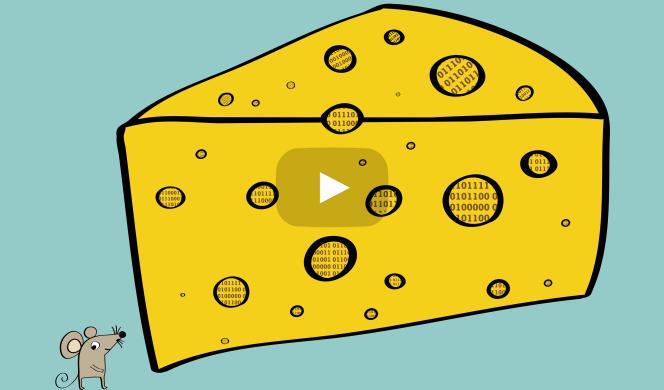 An illustration of a large yellow wedge of cheese that has holes in it. The holes are filled with 1s and 0s. A tiny gray cartoonish mouse stands to the left of the cheese wedge.