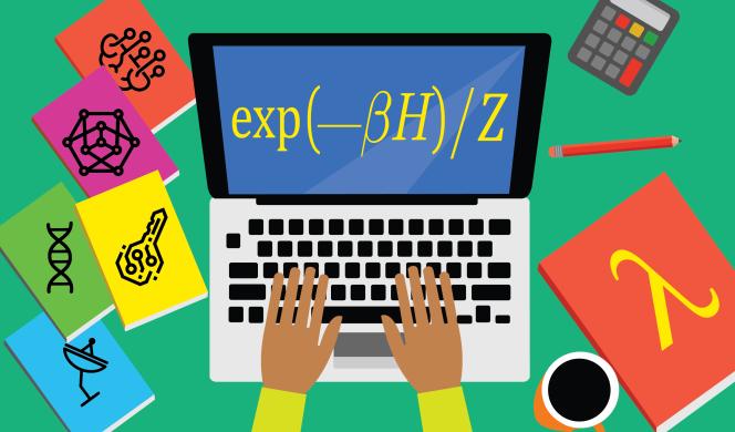 This illustration shows two hands typing on the keyboard of a laptop computer that is displaying mathematical notation on its screen. Books with scientific drawings and mathematical symbols on their covers lie to the sides of the laptop.