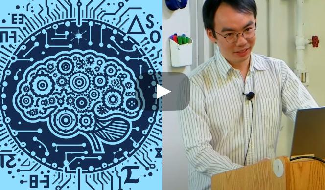 On the right is Kaiyu Yang presenting at a lectern, and on the left is the blue brain logo for the workshop AI for Mathematics and Theoretical Computer Science.