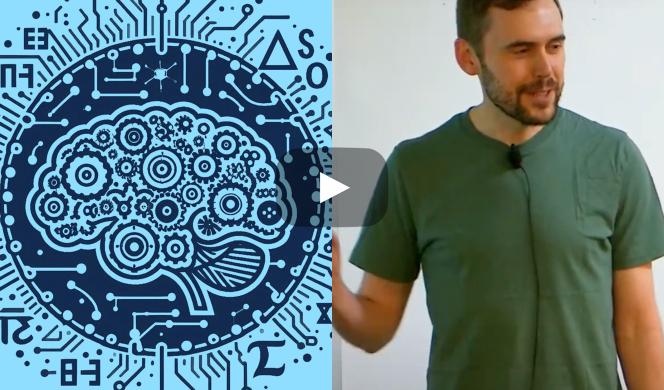 On the right is Giles Gardam presenting, and on the left is the blue brain logo from the workshop AI for Mathematics and Theoretical Computer Science.