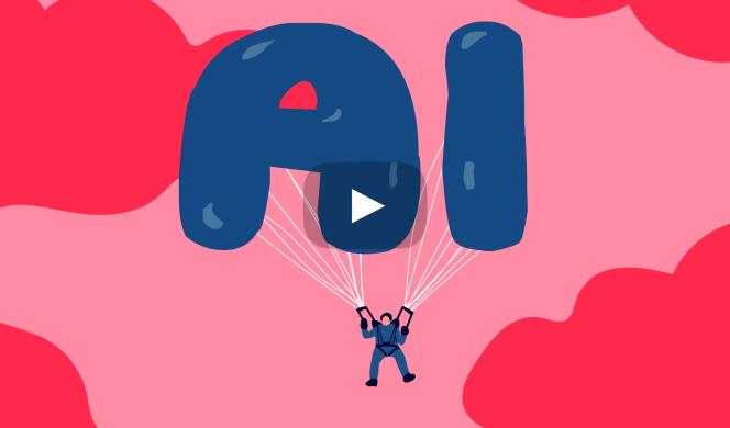 Image of a person in the sky dangling from two large blue balloons in the shape of the letters A and I.