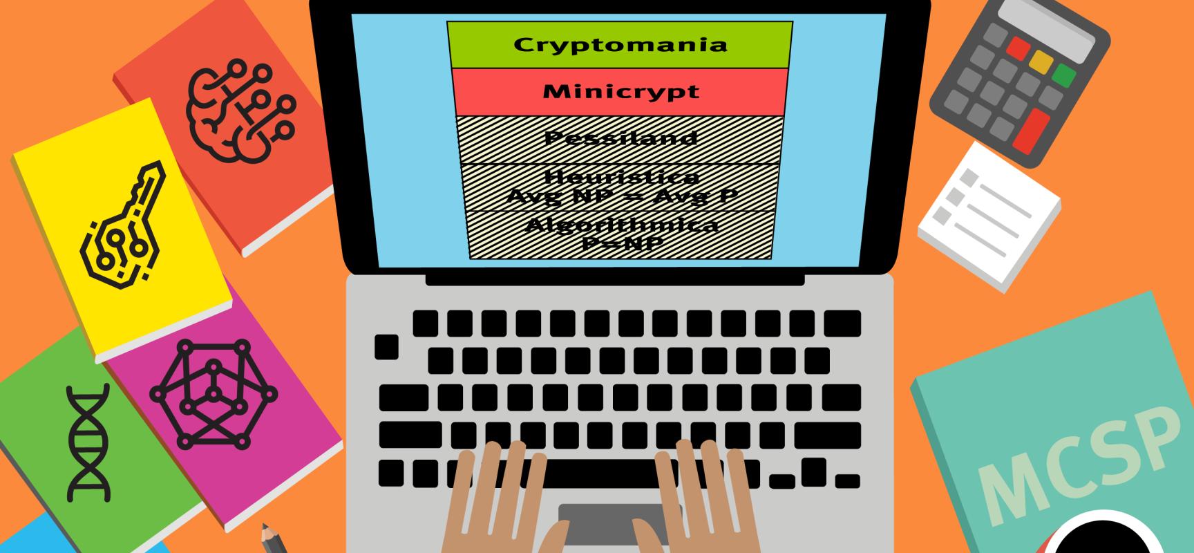 An illustration of a laptop computer displaying a chart that lists five possible complexity-theoretic worlds: Algorithmica, Heuristica, Pessiland, Minicrypt, and Cryptomania