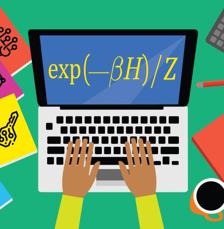This illustration shows two hands typing on the keyboard of a laptop computer that is displaying mathematical notation on its screen. Books with scientific drawings and mathematical symbols on their covers lie to the sides of the laptop.