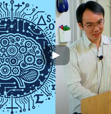 On the right is Kaiyu Yang presenting at a lectern, and on the left is the blue brain logo for the workshop AI for Mathematics and Theoretical Computer Science.