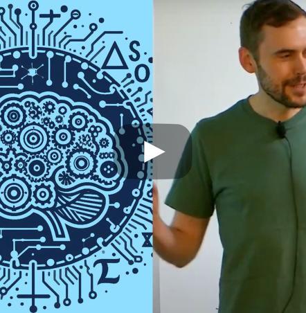 On the right is Giles Gardam presenting, and on the left is the blue brain logo from the workshop AI for Mathematics and Theoretical Computer Science.