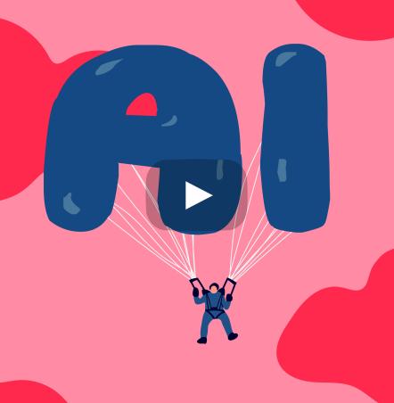 Image of a person in the sky dangling from two large blue balloons in the shape of the letters A and I.
