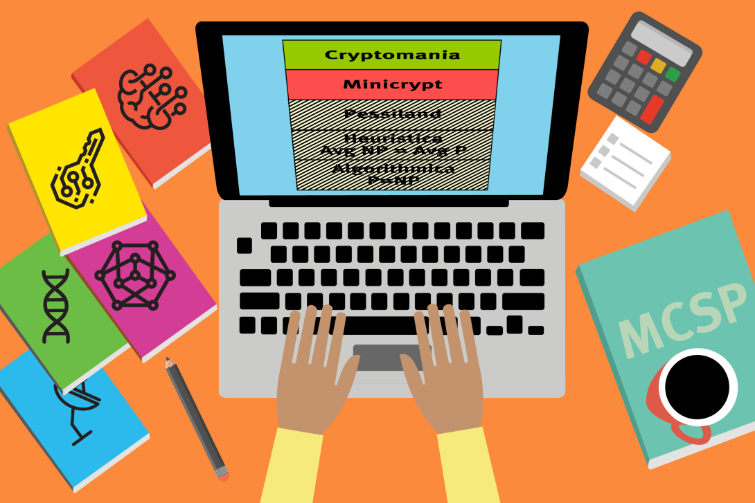 An illustration of a laptop computer displaying a chart that lists five possible complexity-theoretic worlds: Algorithmica, Heuristica, Pessiland, Minicrypt, and Cryptomania