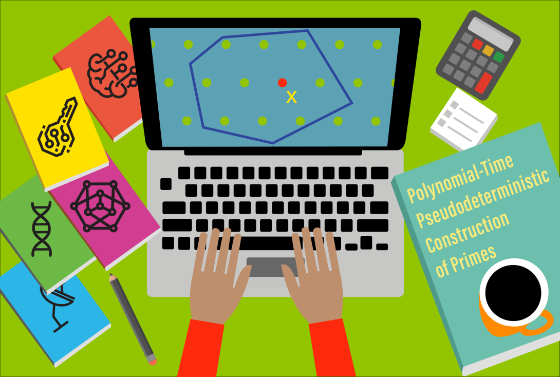 Two hands typing at laptop computer whose screen shows a polytope with a point inside it. Beside the laptop is a book with "Polynomial-Time Pseudodeterministic Construction of Primes" on its cover.